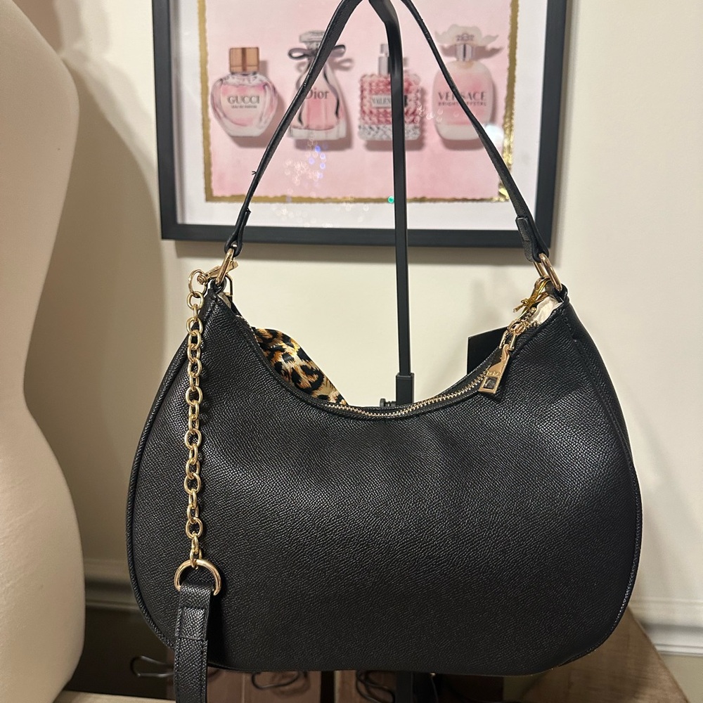 Bebe Black Shoulder Bag/tote with Leopard Scarf Detail - Picture 7 of 12